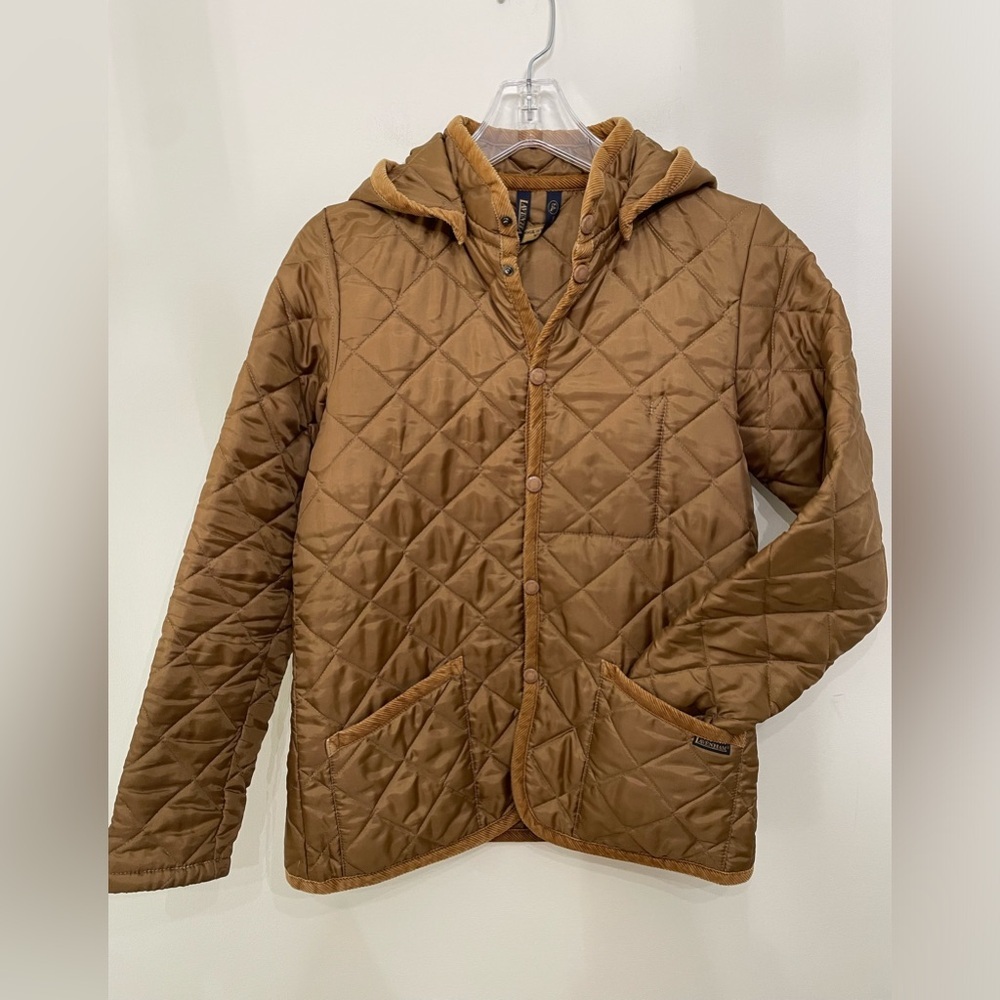 Lavenham Women’s Quilted Coat Tan Made In England Hooded Corduroy Trim Size 38
